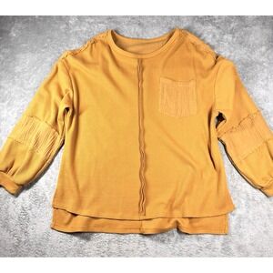 Orange Waffle Knit Top Raw Edge Pocket Long Sleeve Pullover Comfy Casual L